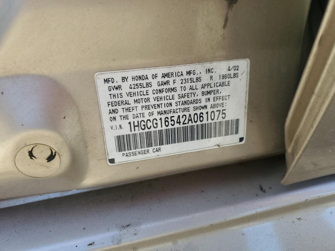 2002 Honda Accord Ex VIN: 1HGCG16542A061075 Lot: 85749685