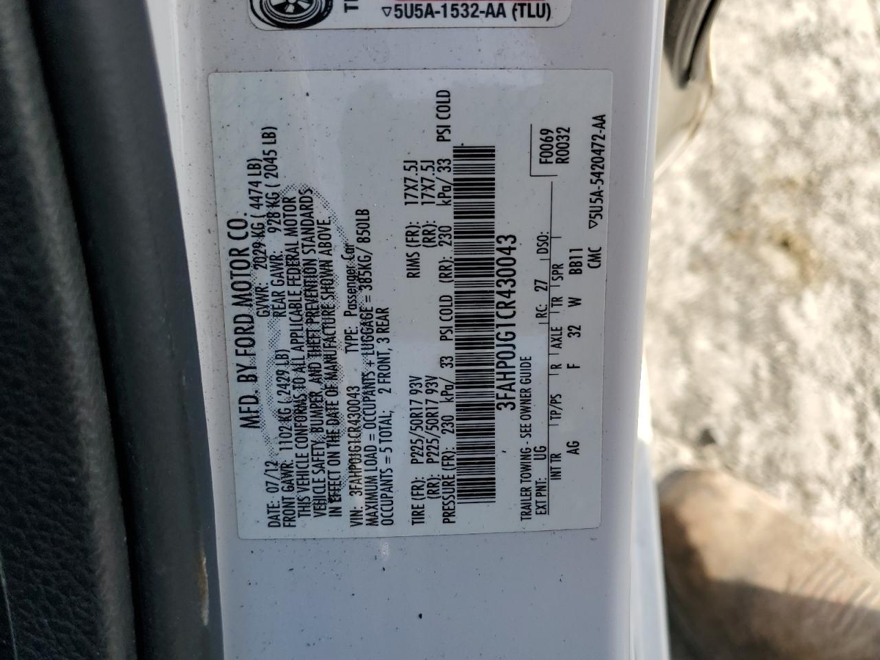 2012 Ford Fusion Sel VIN: 3FAHP0JG1CR430043 Lot: 85154115