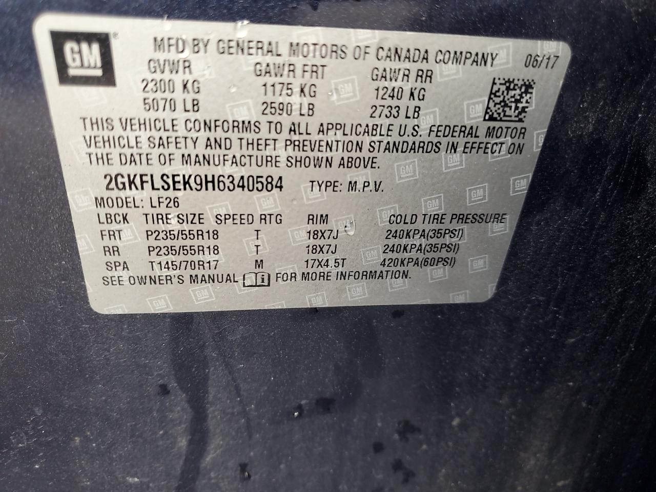 2017 GMC Terrain Sle VIN: 2GKFLSEK9H6340584 Lot: 87359665