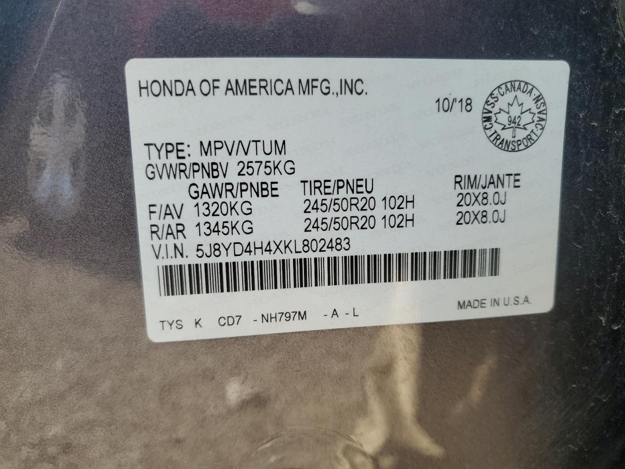 2019 Acura Mdx Technology VIN: 5J8YD4H4XKL802483 Lot: 85499615