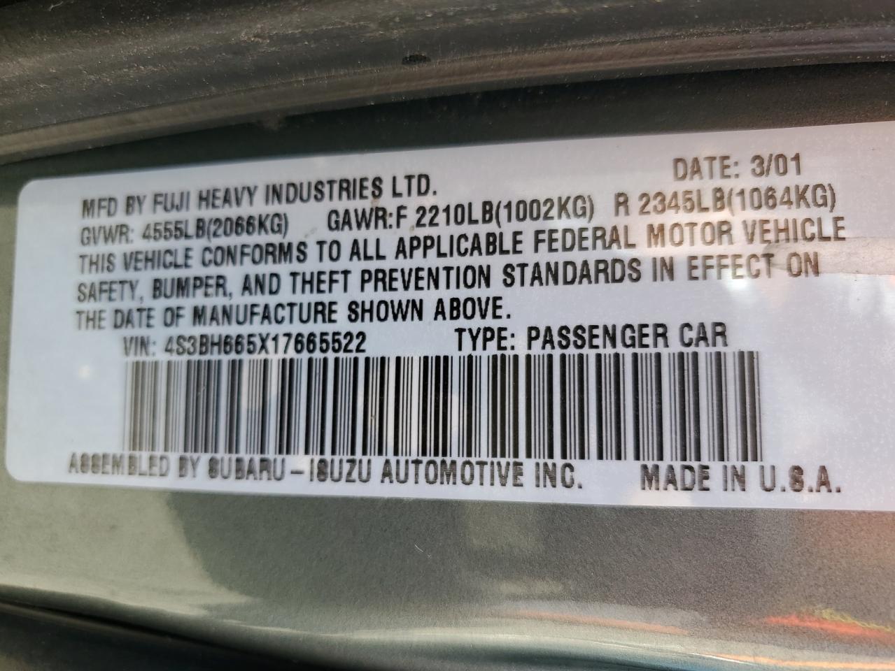 2001 Subaru Legacy Outback VIN: 4S3BH665X17665522 Lot: 82307955