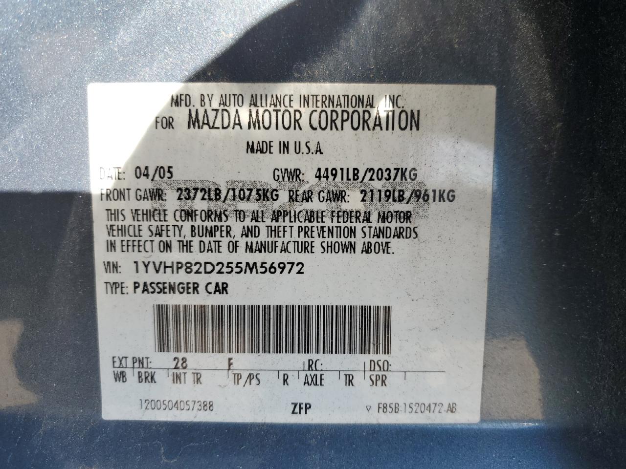 2005 Mazda 6 S VIN: 1YVHP82D255M56972 Lot: 84365555