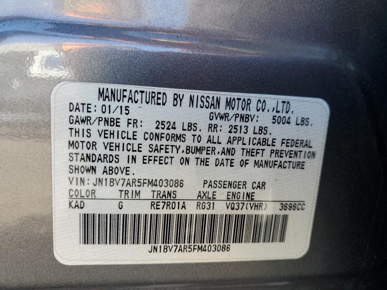 2015 Infiniti Q50 Base VIN: JN1BV7AR5FM403086 Lot: 82294535