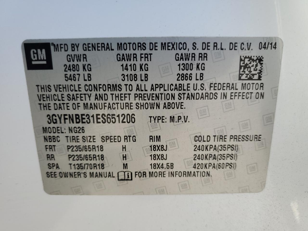 2014 Cadillac Srx Luxury Collection VIN: 3GYFNBE31ES651206 Lot: 91125445