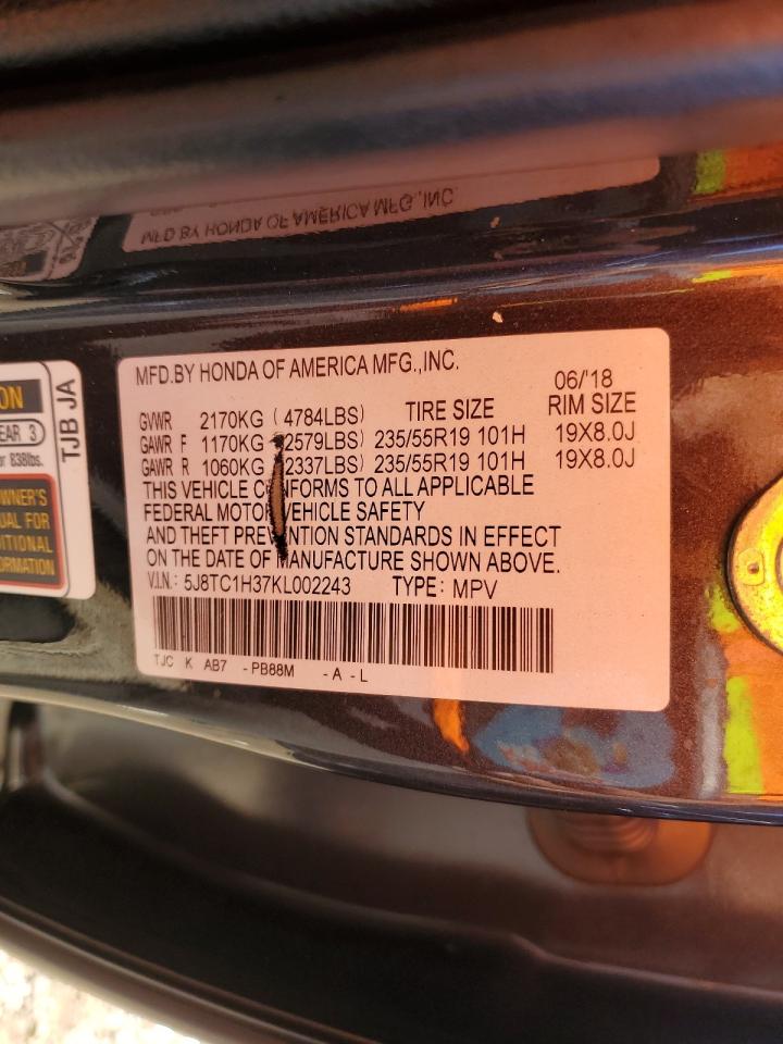 2019 Acura Rdx VIN: 5J8TC1H37KL002243 Lot: 84860835