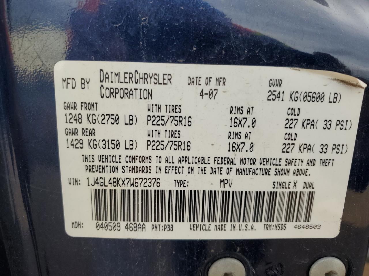 2007 Jeep Liberty Sport VIN: 1J4GL48KX7W672376 Lot: 86177455