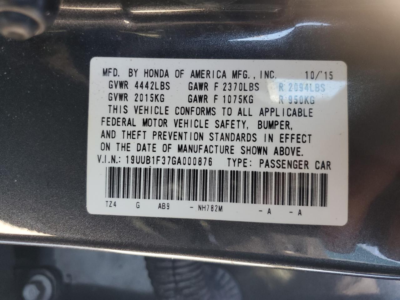 2016 Acura Tlx VIN: 19UUB1F37GA000876 Lot: 89455015