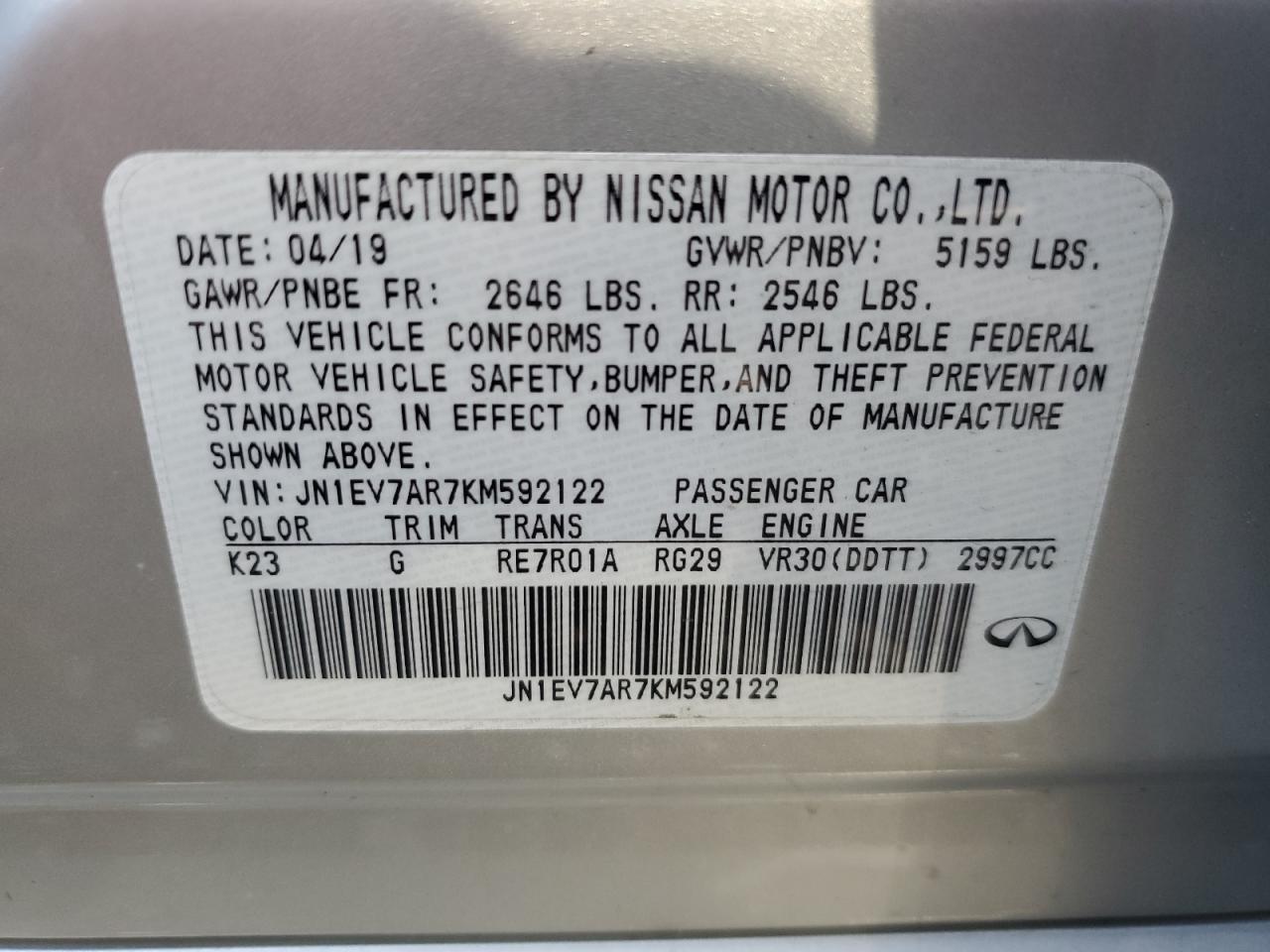 2019 Infiniti Q50 Luxe VIN: JN1EV7AR7KM592122 Lot: 90498215