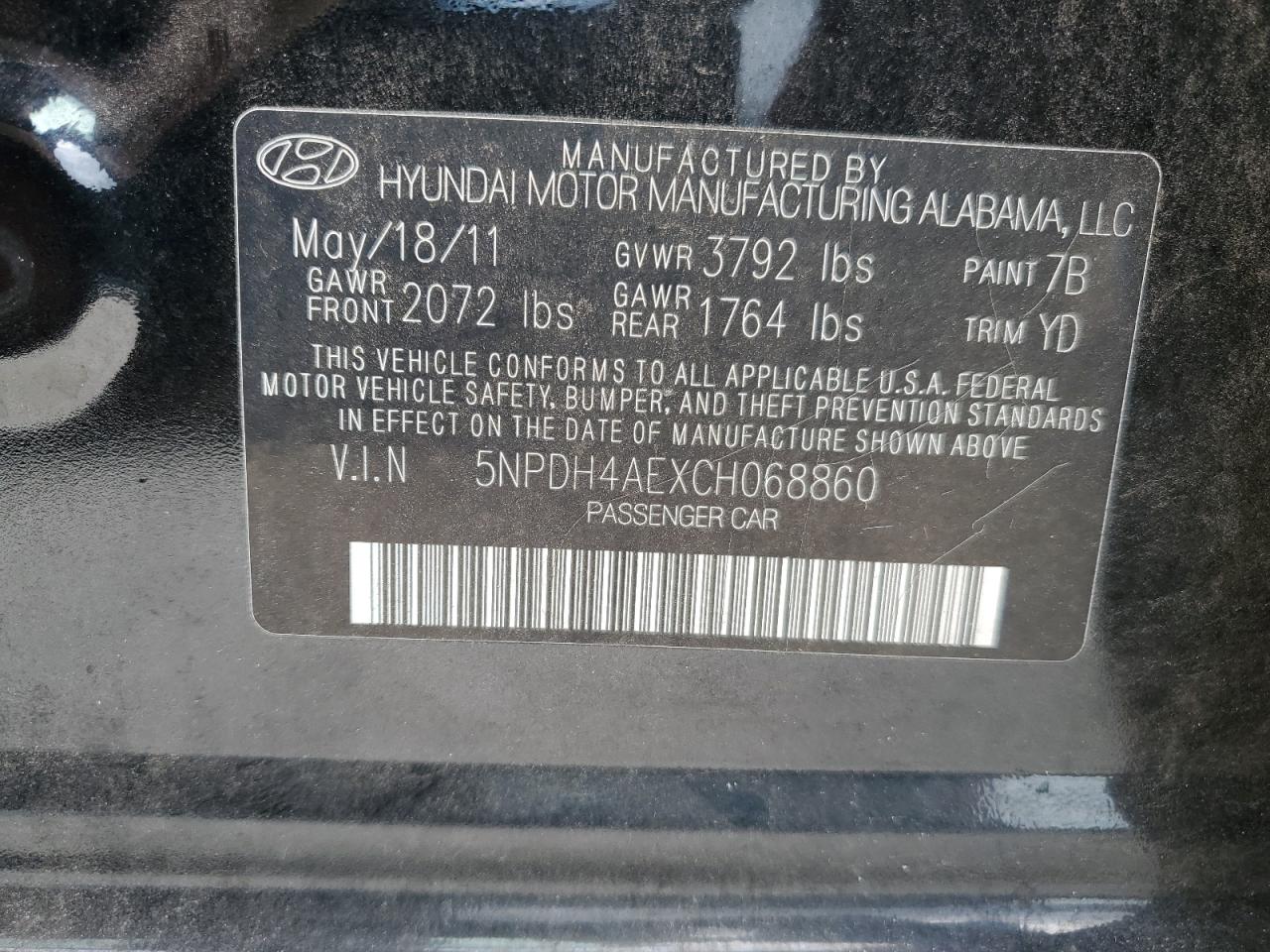 2012 Hyundai Elantra Gls VIN: 5NPDH4AEXCH068860 Lot: 85835535