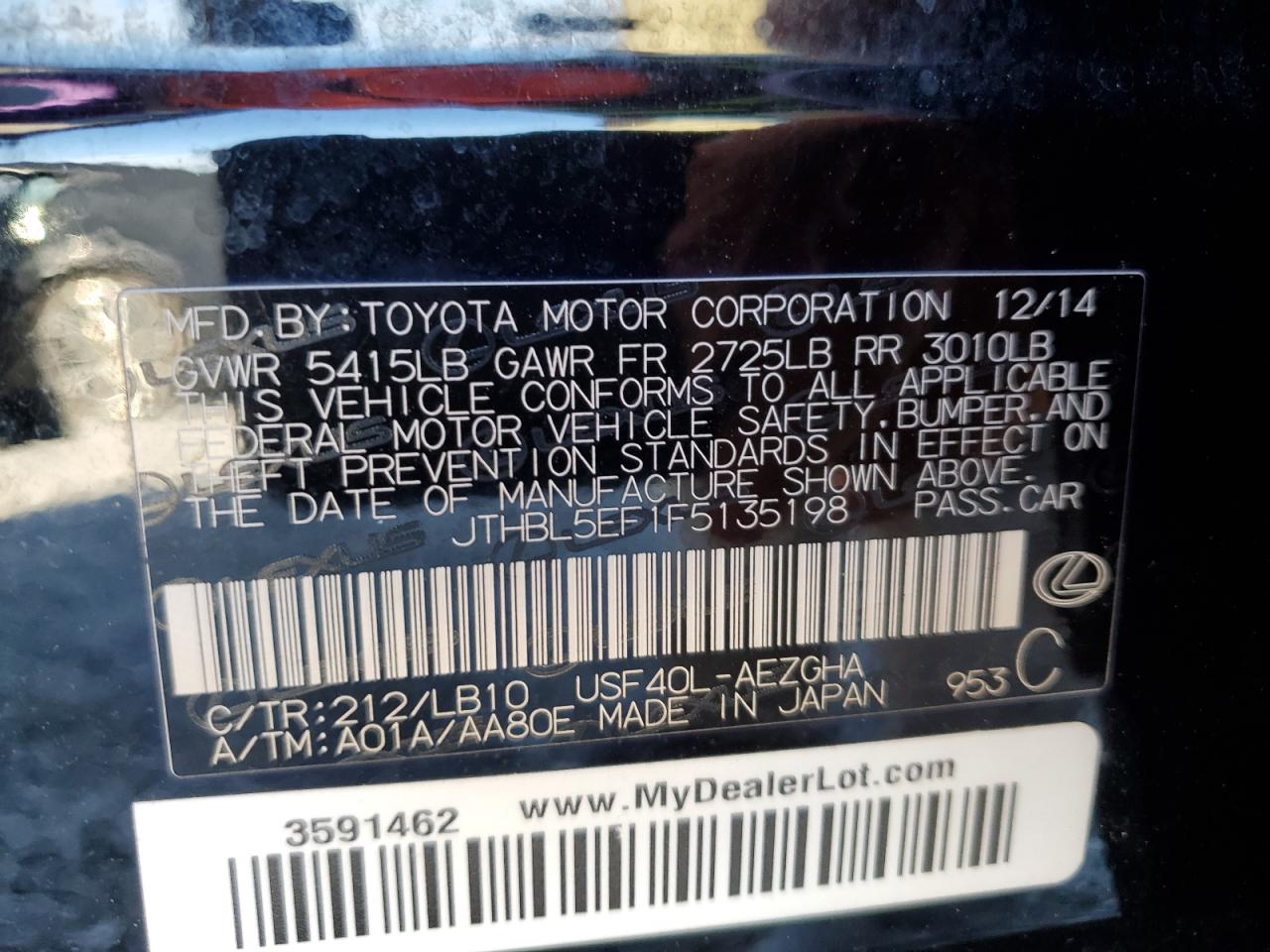 2015 Lexus Ls 460 VIN: JTHBL5EF1F5135198 Lot: 87438795