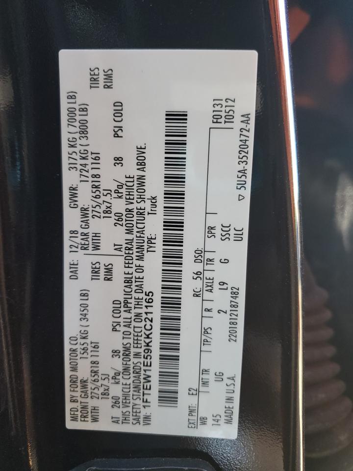 2019 Ford F150 Supercrew VIN: 1FTEW1E59KKC21165 Lot: 90953835