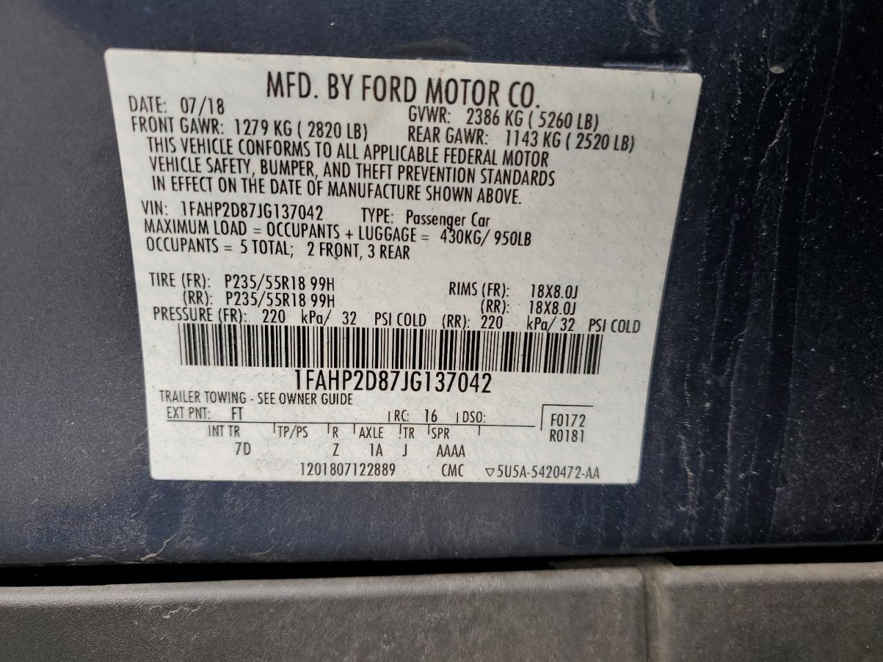 2018 Ford Taurus Se VIN: 1FAHP2D87JG137042 Lot: 86223905
