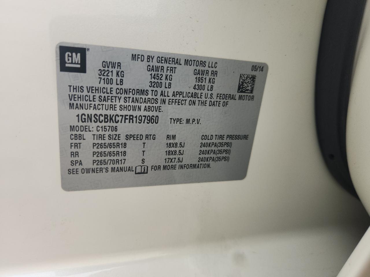 2015 Chevrolet Tahoe C1500 Lt VIN: 1GNSCBKC7FR197960 Lot: 82232255