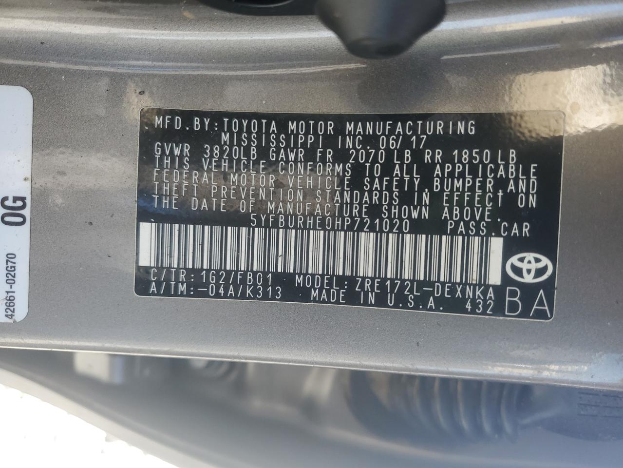 2017 Toyota Corolla L VIN: 5YFBURHE0HP721020 Lot: 84905105