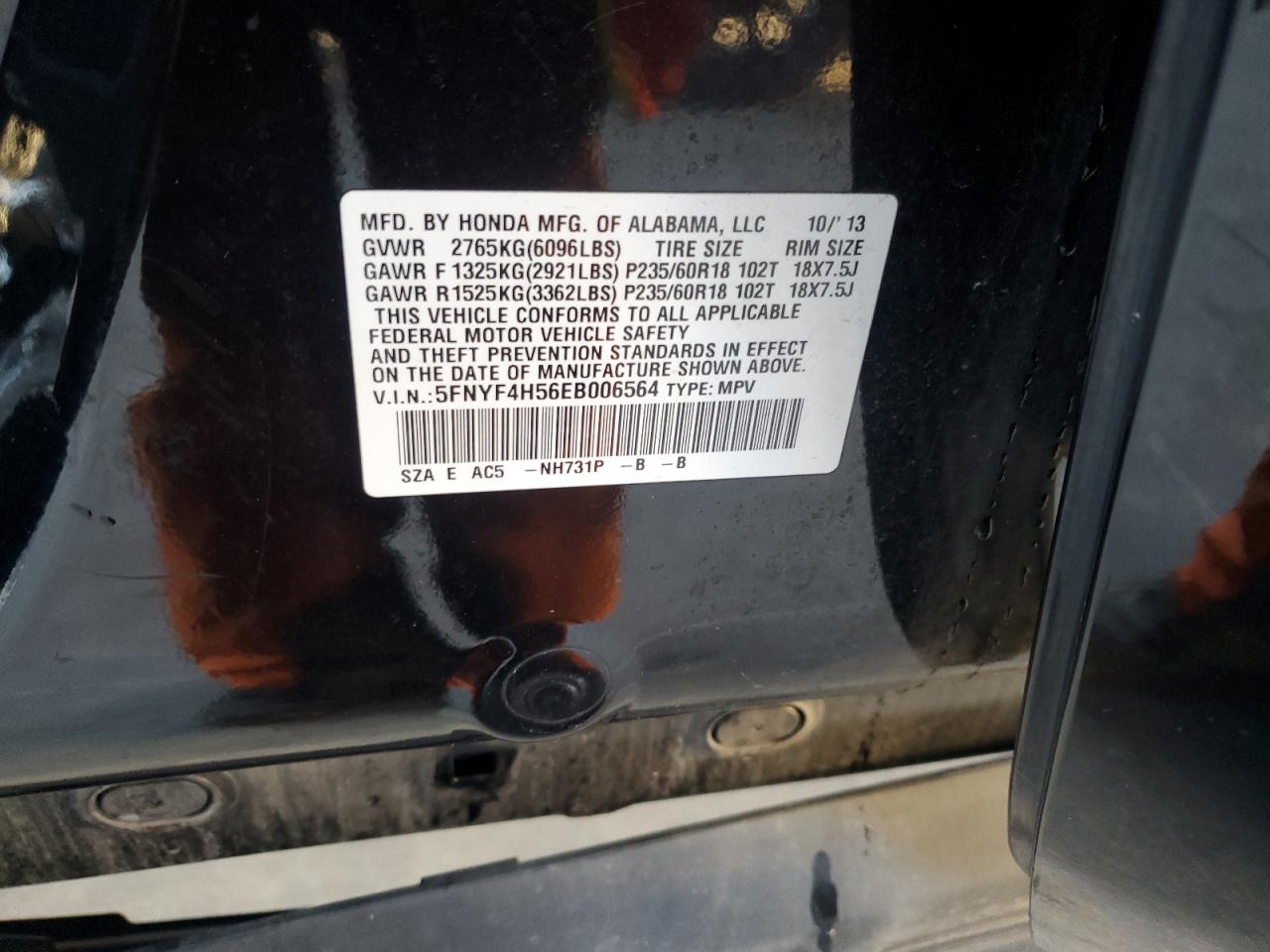 2014 Honda Pilot Exl VIN: 5FNYF4H56EB006564 Lot: 89710535