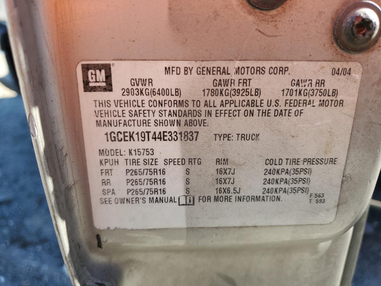 2004 Chevrolet Silverado K1500 VIN: 1GCEK19T44E331837 Lot: 82479165