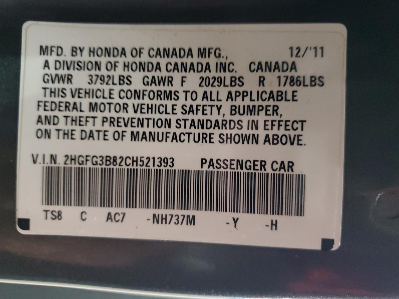 2012 Honda Civic Ex VIN: 2HGFG3B82CH521393 Lot: 89796695