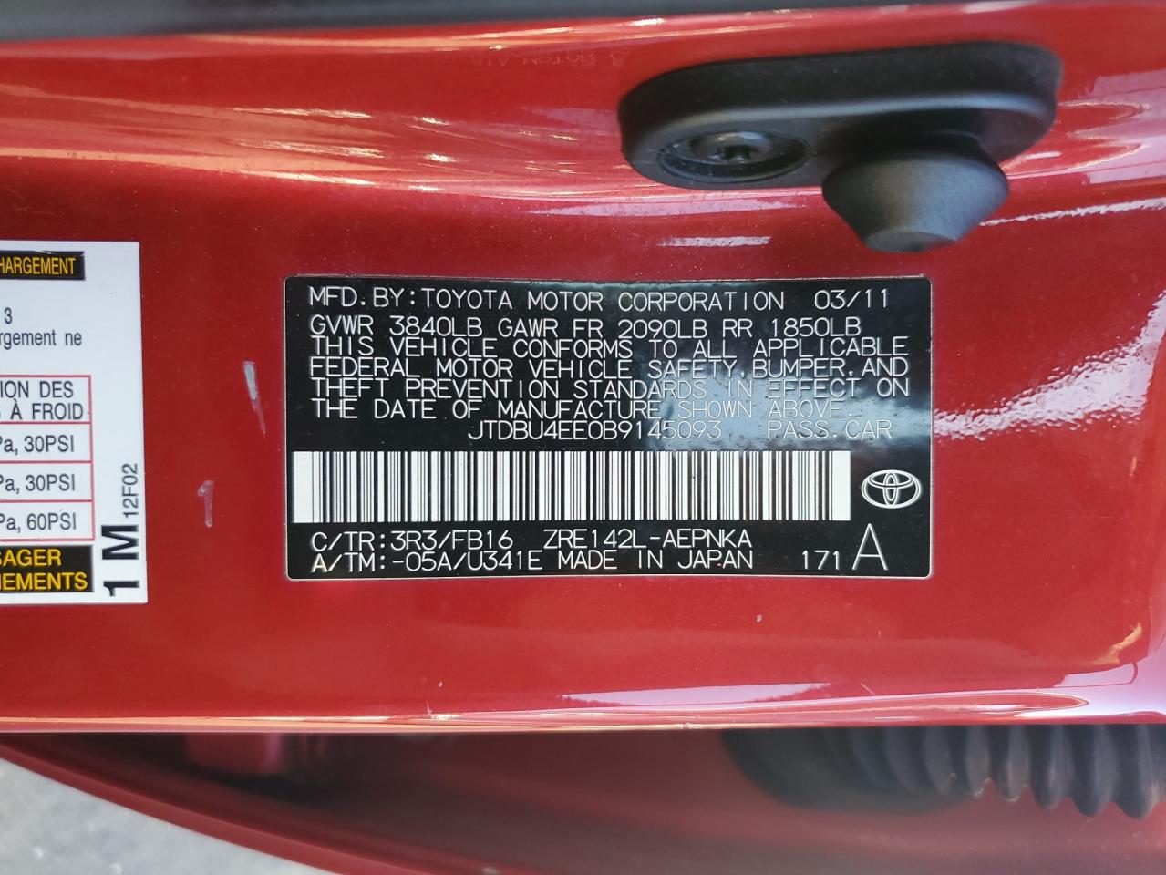 2011 Toyota Corolla Base VIN: JTDBU4EE0B9145093 Lot: 85571565