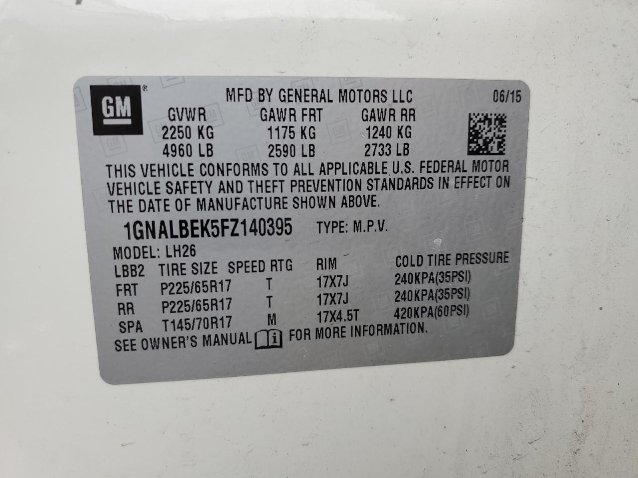 2015 Chevrolet Equinox Lt VIN: 1GNALBEK5FZ140395 Lot: 86113655