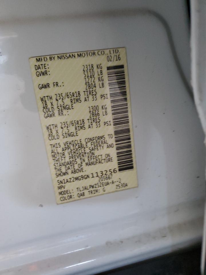 2016 Nissan Murano S VIN: 5N1AZ2MG9GN113256 Lot: 90681515