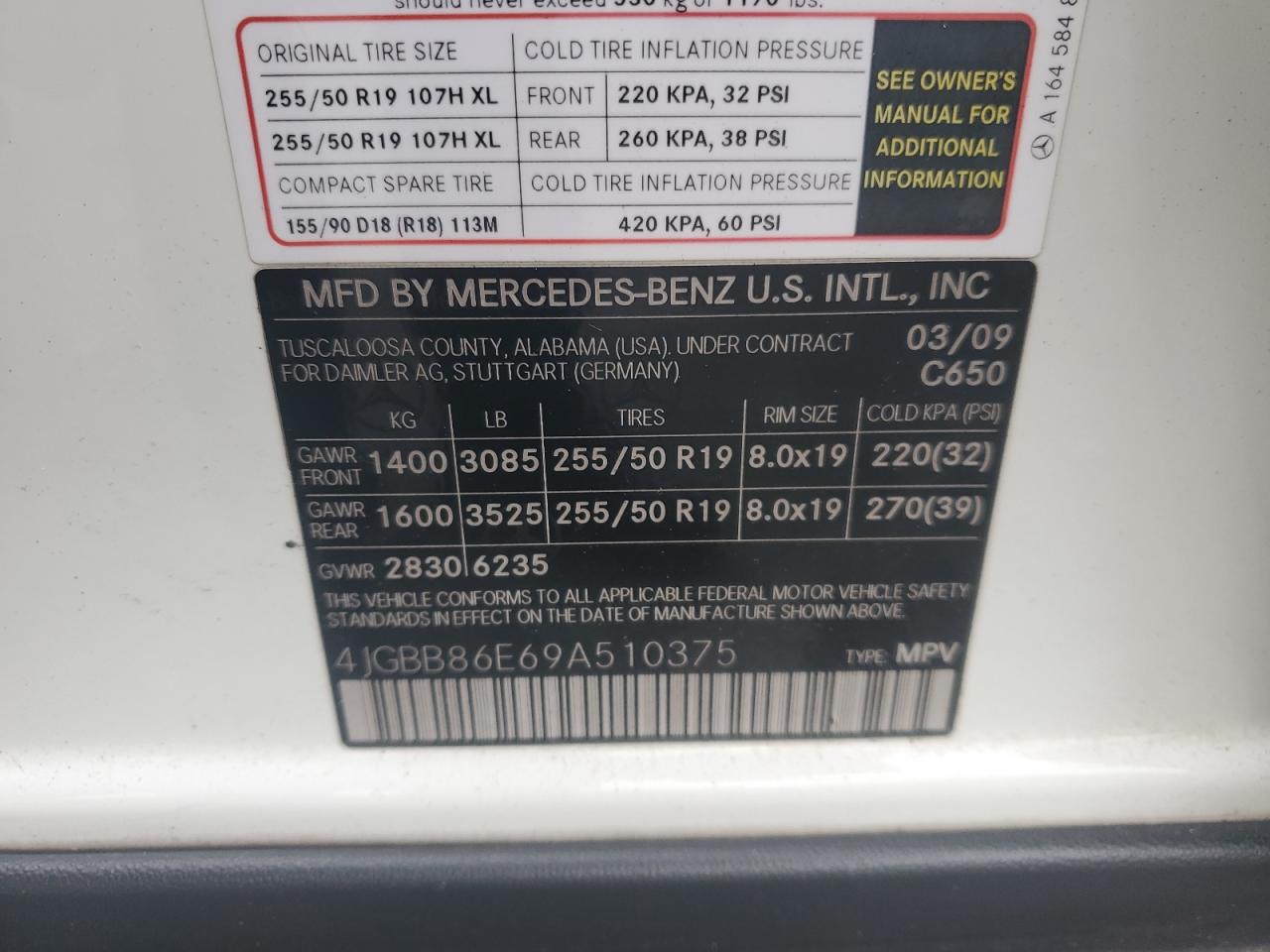 2009 Mercedes-Benz Ml 350 VIN: 4JGBB86E69A510375 Lot: 85926795