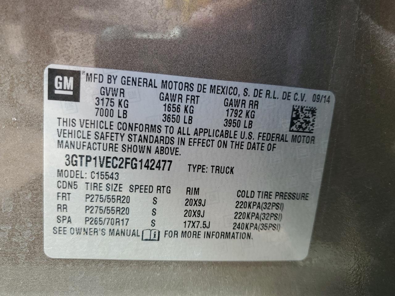 2015 GMC Sierra C1500 Slt VIN: 3GTP1VEC2FG142477 Lot: 85950145