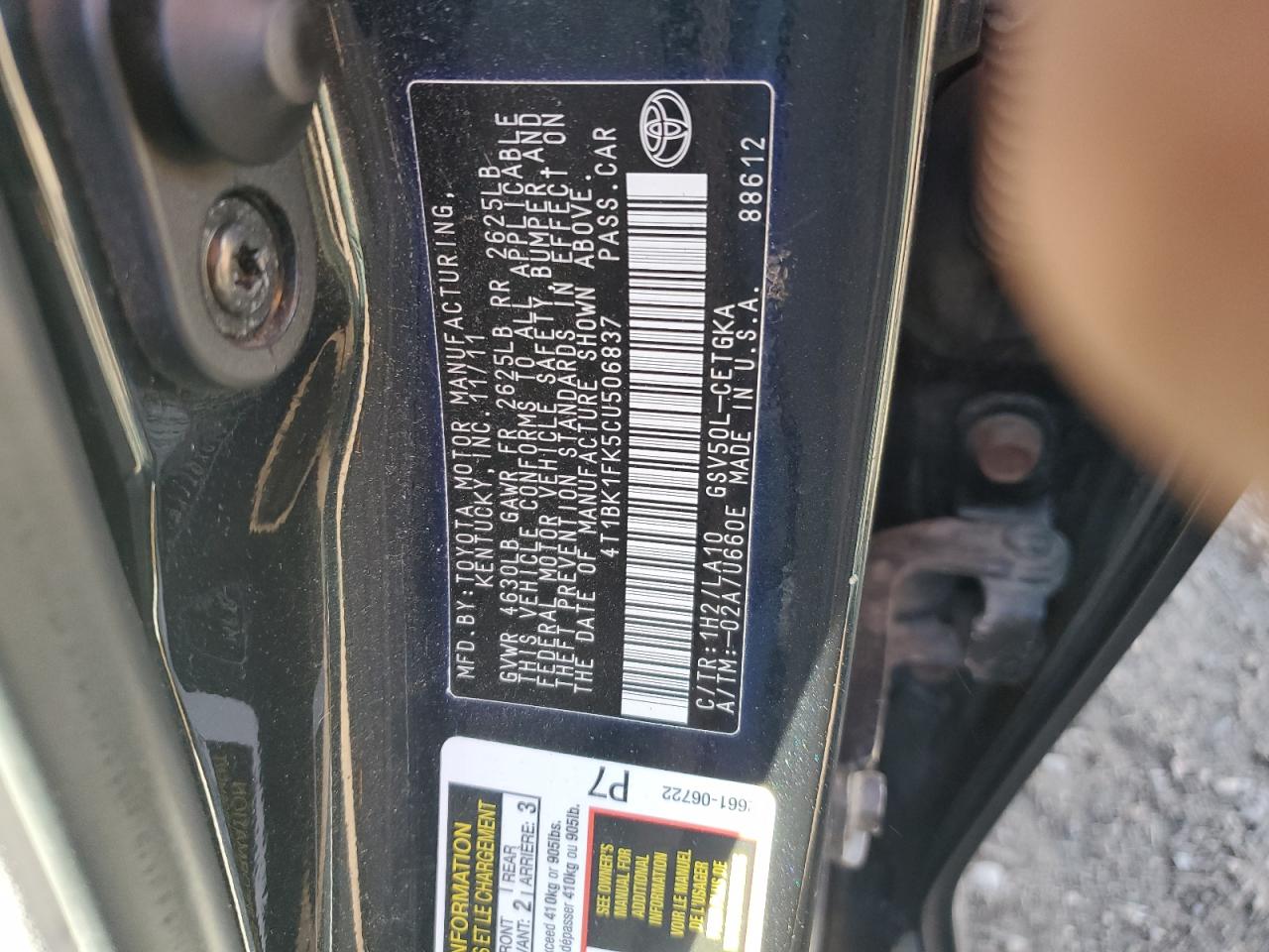 2012 Toyota Camry Se VIN: 4T1BK1FK5CU506837 Lot: 86599595