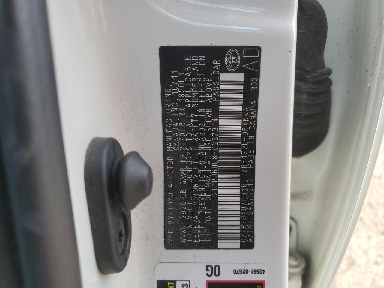 2015 Toyota Corolla L VIN: 2T1BURHE8FC287314 Lot: 84833025