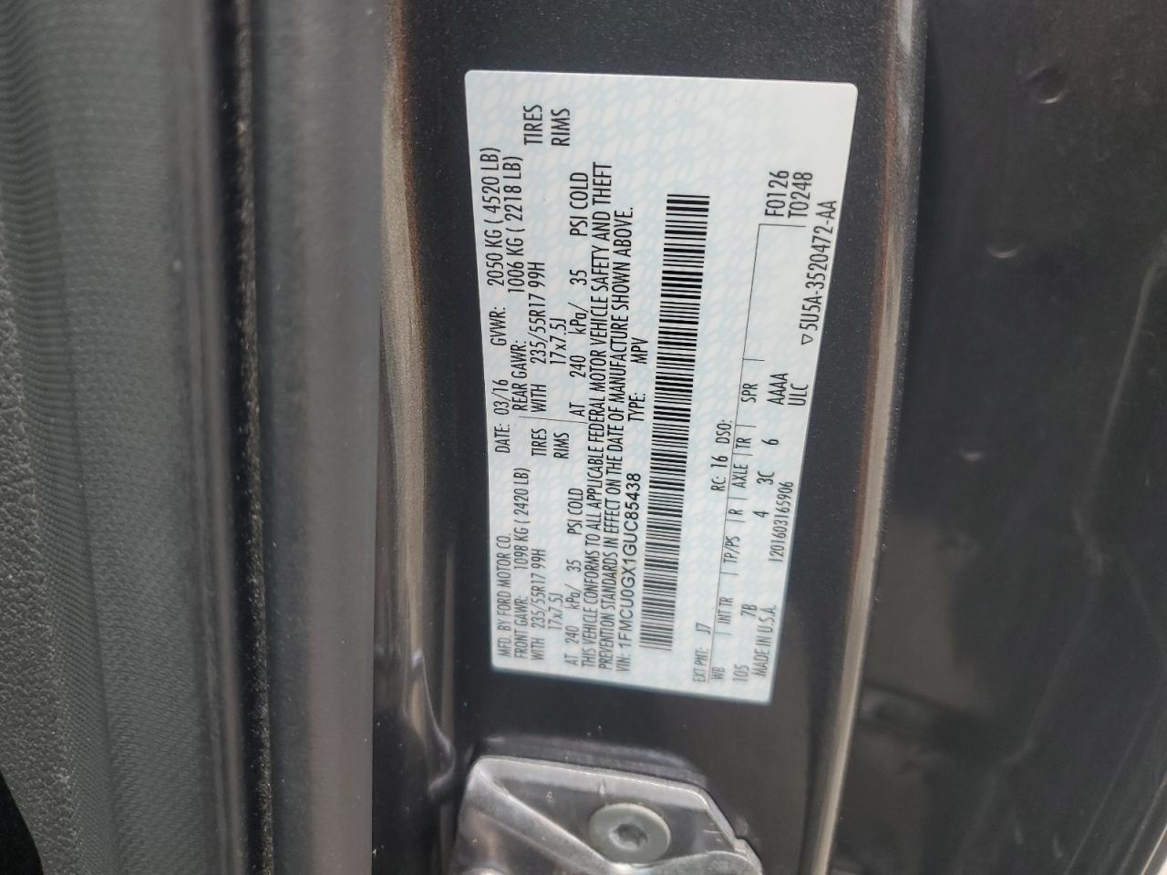 2016 Ford Escape Se VIN: 1FMCU0GX1GUC85438 Lot: 90312985