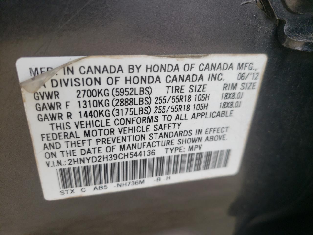 2012 Acura Mdx Technology VIN: 2HNYD2H39CH544136 Lot: 82241135