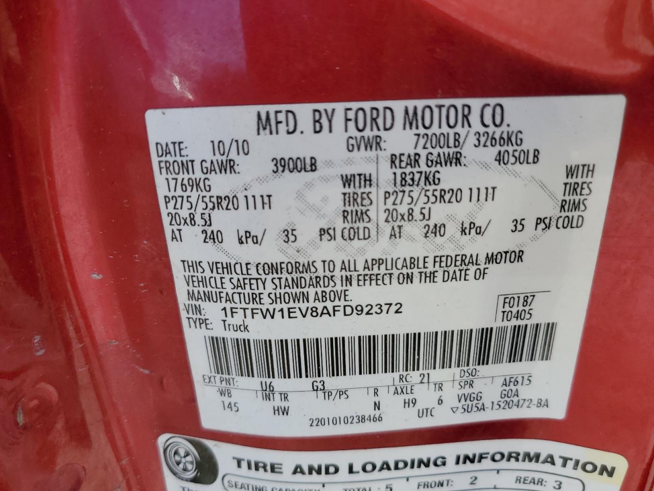 2010 Ford F150 Supercrew VIN: 1FTFW1EV8AFD92372 Lot: 86611945