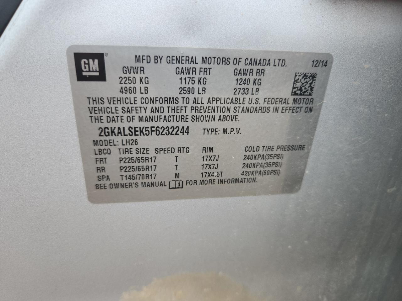 2015 GMC Terrain Slt VIN: 2GKALSEK5F6232244 Lot: 90876805