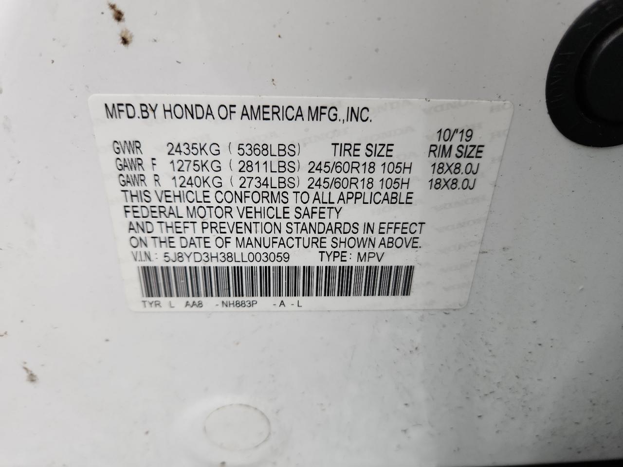 2020 Acura Mdx VIN: 5J8YD3H38LL003059 Lot: 85844055