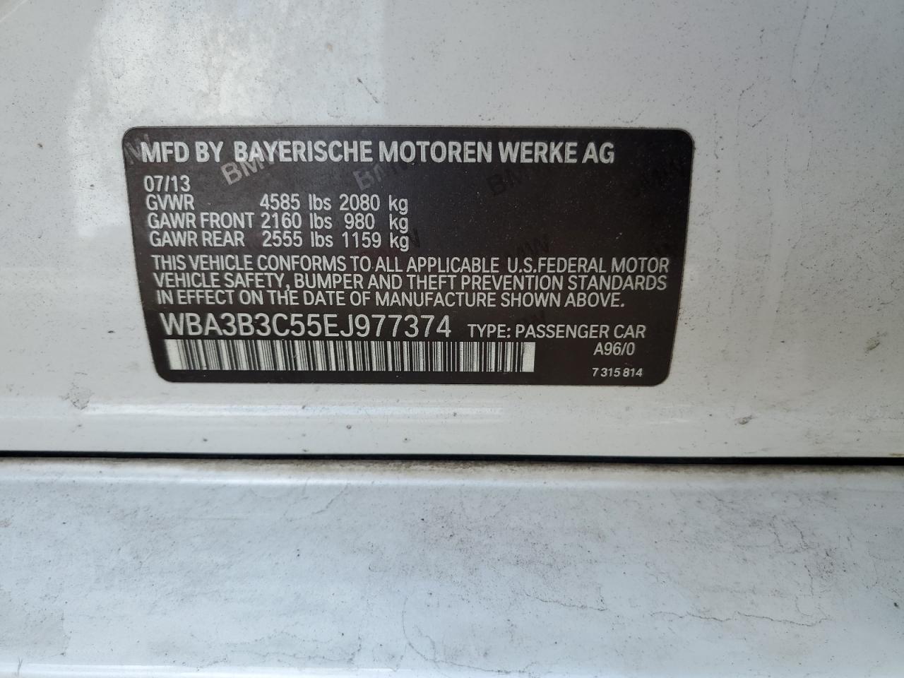 2014 BMW 328 Xi VIN: WBA3B3C55EJ977374 Lot: 85553465