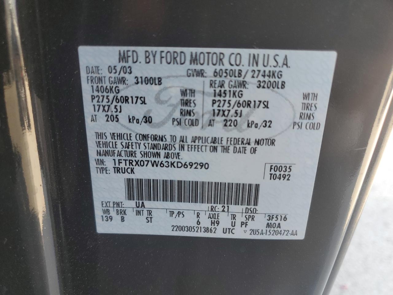 2003 Ford F150 VIN: 1FTRX07W63KD69290 Lot: 85294945