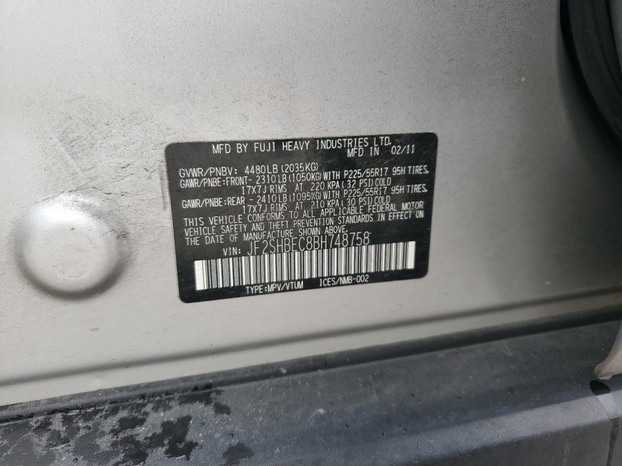 2011 Subaru Forester Limited VIN: JF2SHBEC8BH748758 Lot: 85281055