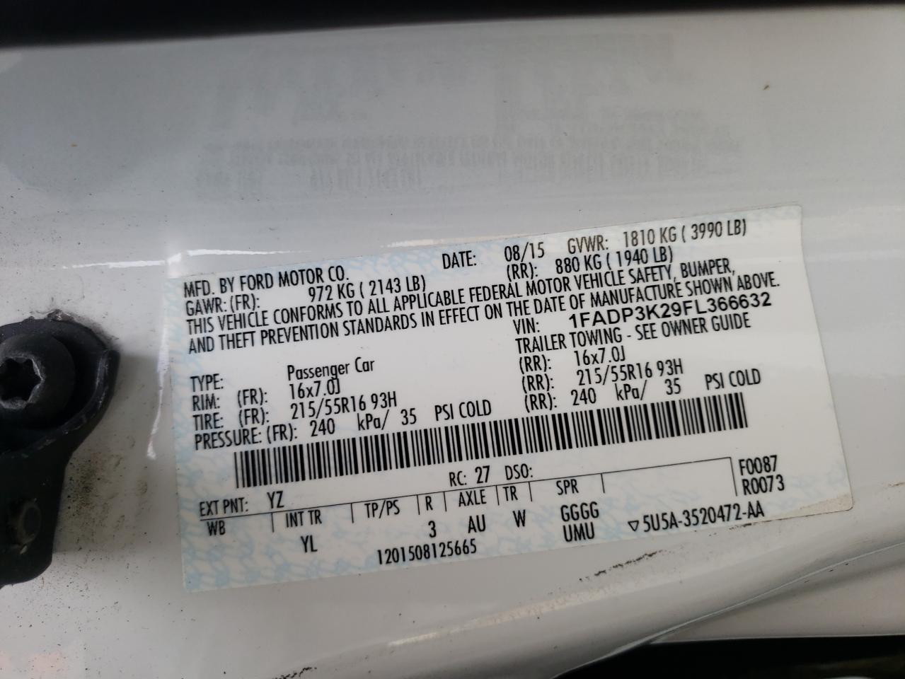 2015 Ford Focus Se VIN: 1FADP3K29FL366632 Lot: 86426585