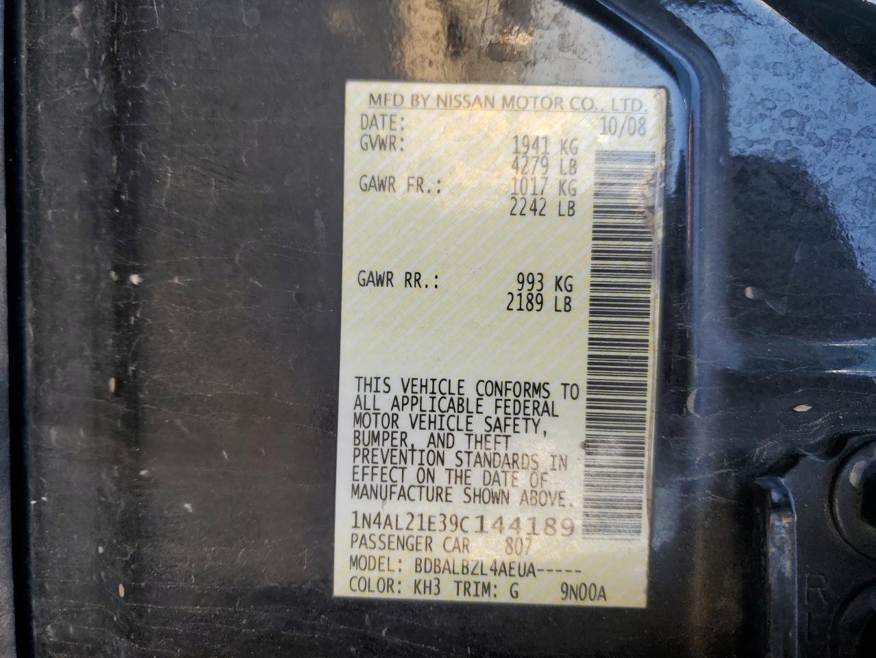 2009 Nissan Altima 2.5 VIN: 1N4AL21E39C144189 Lot: 84035785