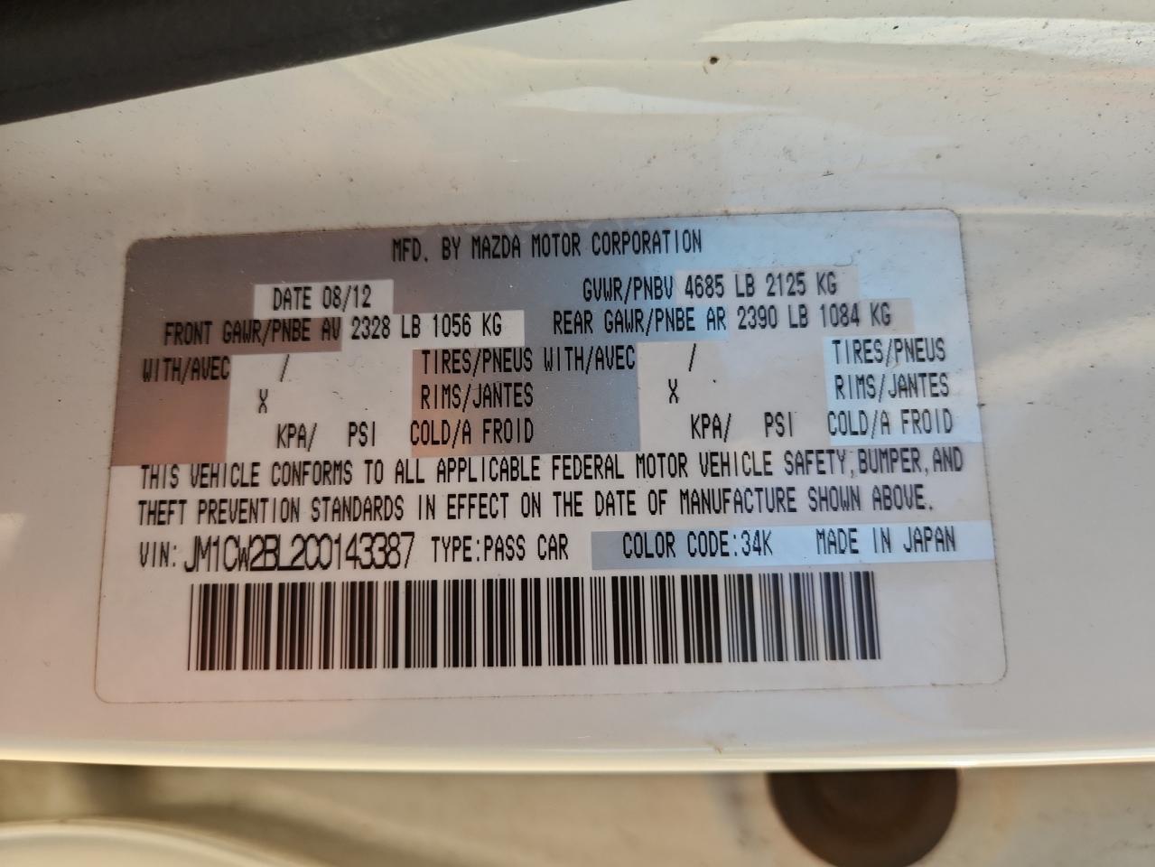 2012 Mazda 5 VIN: JM1CW2BL2C0143387 Lot: 84291945