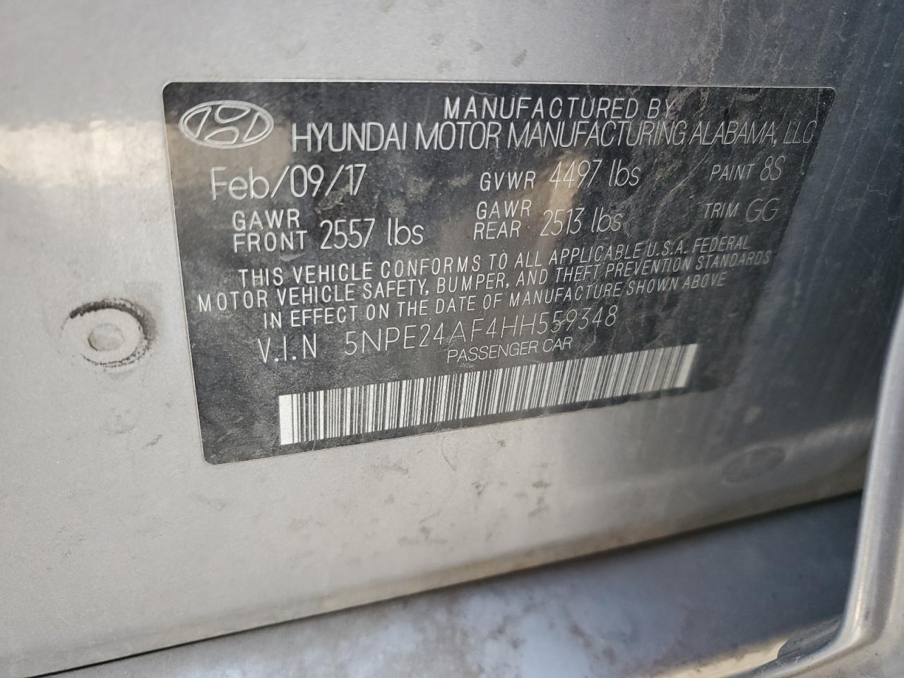 2017 Hyundai Sonata Se VIN: 5NPE24AF4HH559348 Lot: 85007565