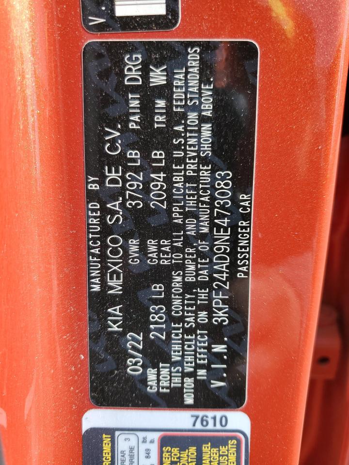2022 Kia Forte Fe VIN: 3KPF24AD9NE473083 Lot: 87044875