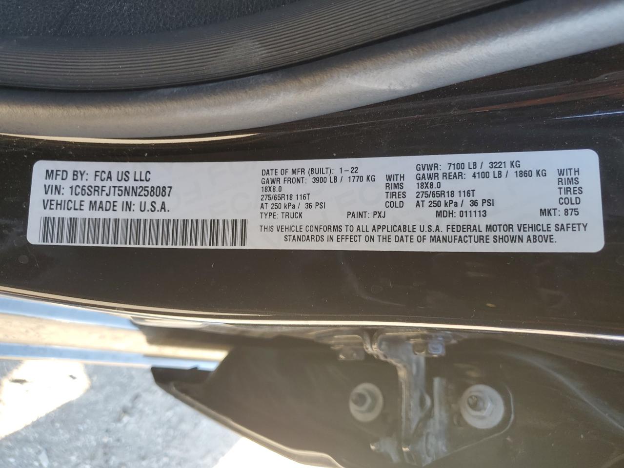 2022 Ram 1500 Laramie VIN: 1C6SRFJT5NN258087 Lot: 90655395