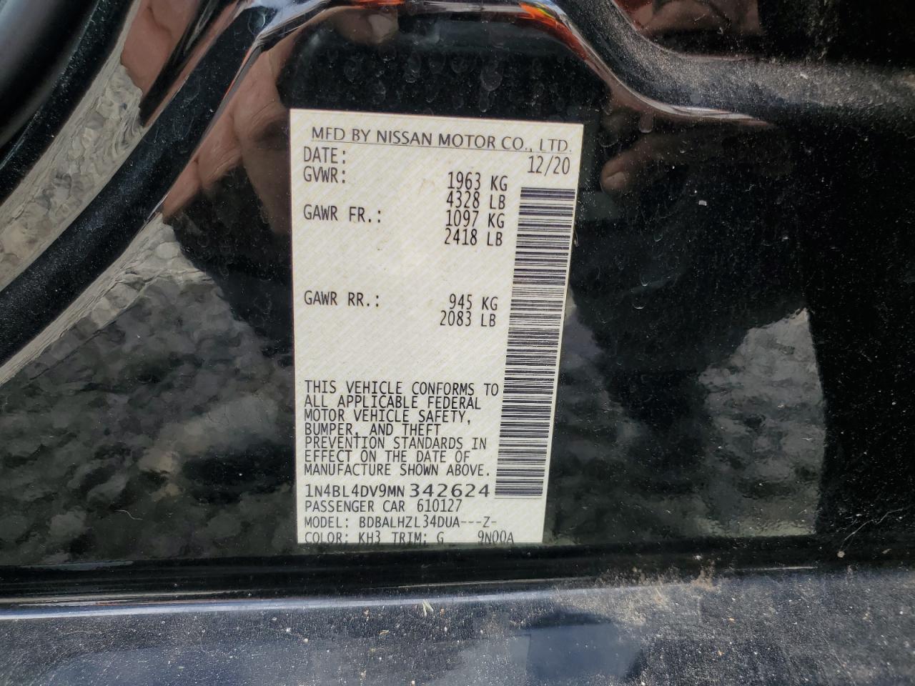 2021 Nissan Altima Sv VIN: 1N4BL4DV9MN342624 Lot: 84980445