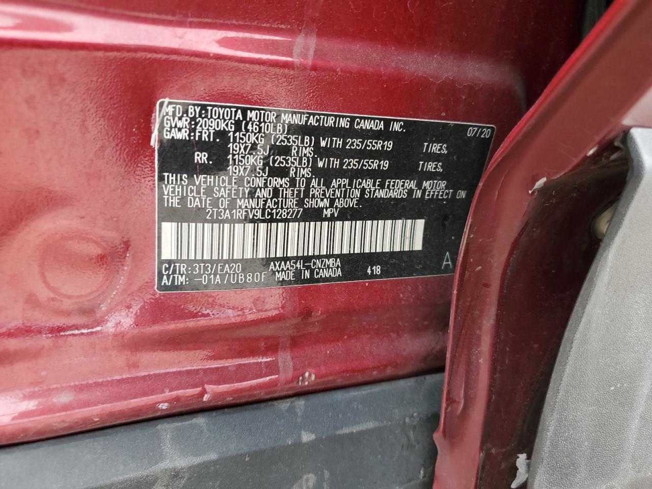 2020 Toyota Rav4 Xle Premium VIN: 2T3A1RFV9LC128277 Lot: 85942125