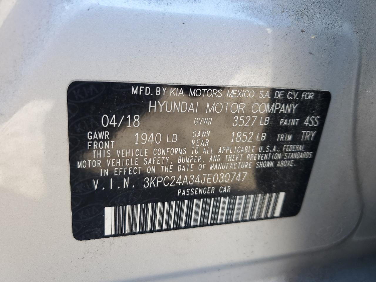 2018 Hyundai Accent Se VIN: 3KPC24A34JE030747 Lot: 85928315