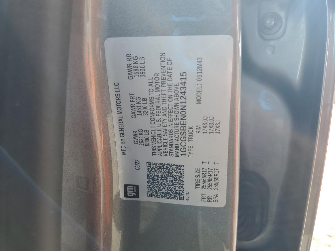 2022 Chevrolet Colorado VIN: 1GCGSBEN0N1243415 Lot: 85782855