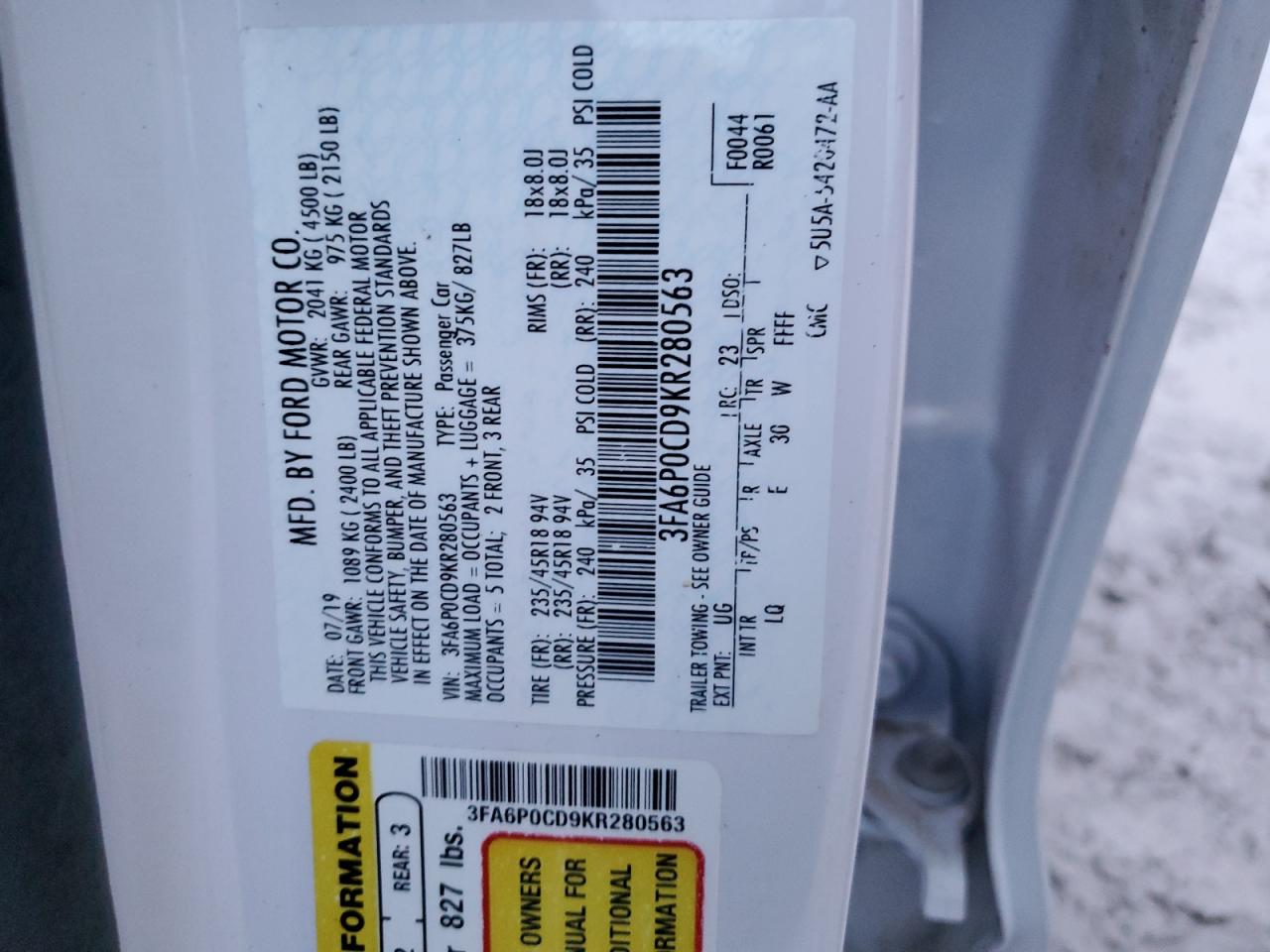 2019 Ford Fusion Sel VIN: 3FA6P0CD9KR280563 Lot: 90274755