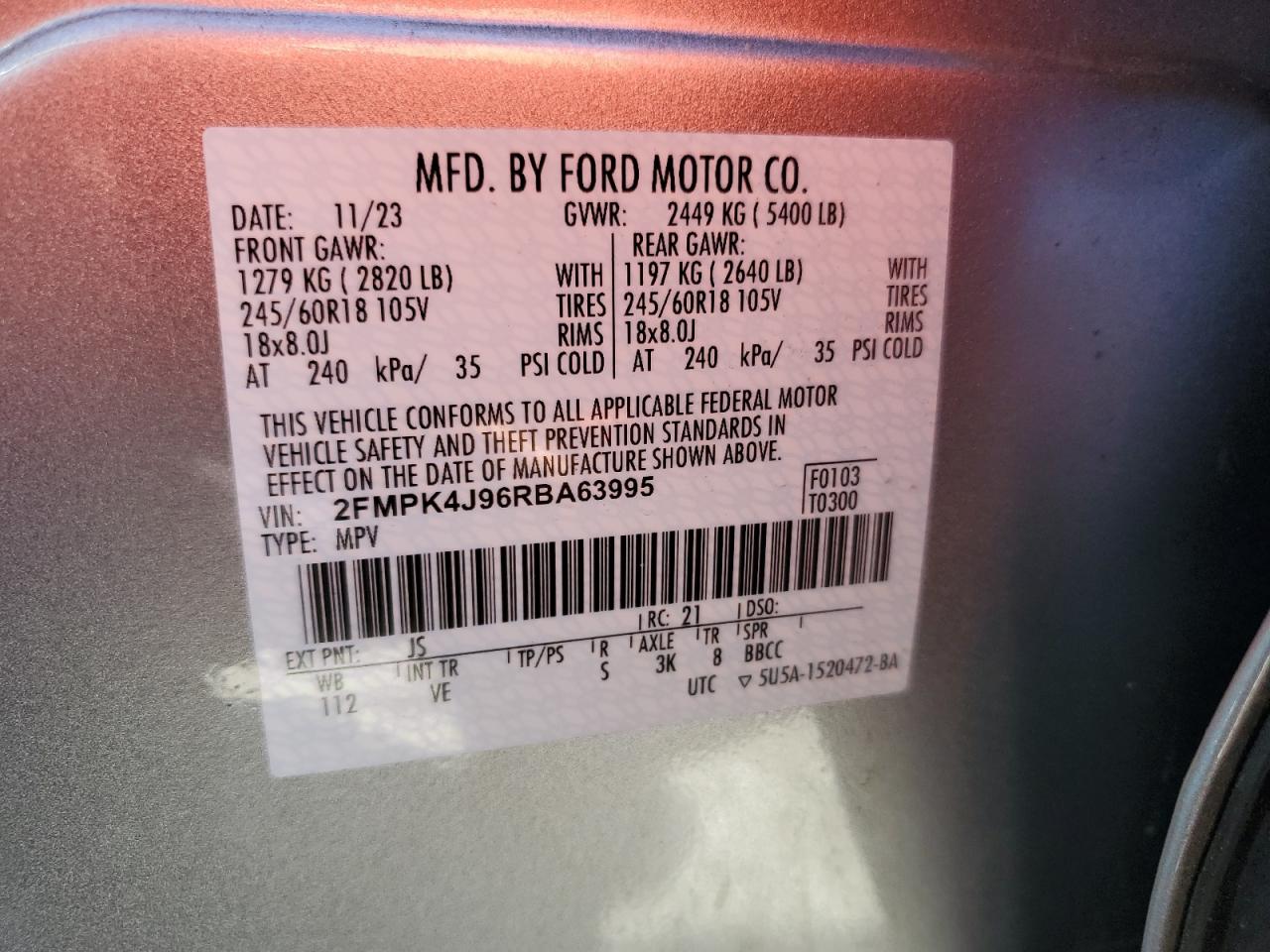 2024 Ford Edge Sel VIN: 2FMPK4J96RBA63995 Lot: 84805535