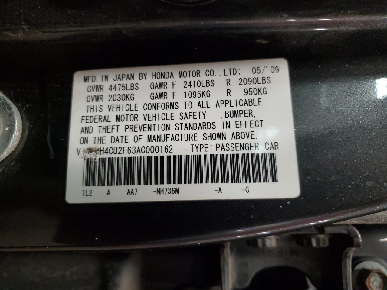 2010 Acura Tsx VIN: JH4CU2F63AC000162 Lot: 87361385