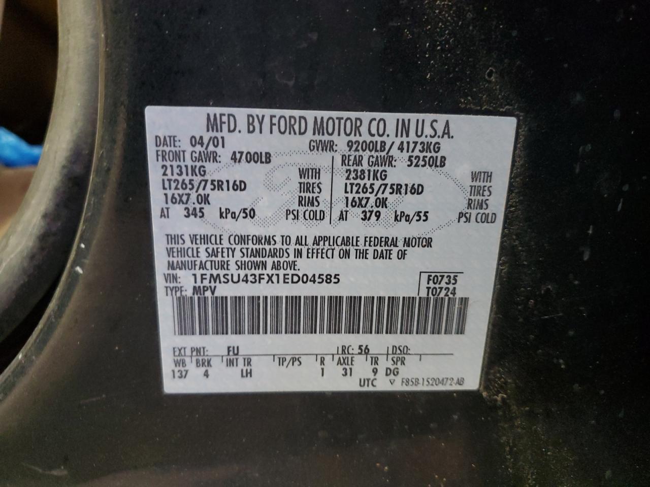 2001 Ford Excursion Limited VIN: 1FMSU43FX1ED04585 Lot: 89646415